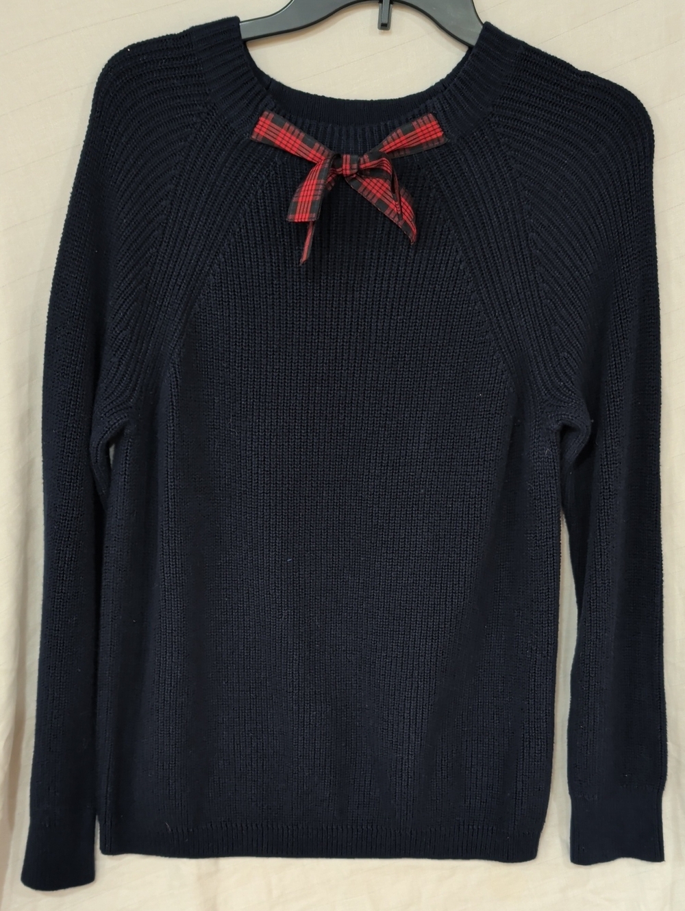 J. Crew Mercantile Blue Knite High Neck Sweater W/ Red Plaid Bow Size M